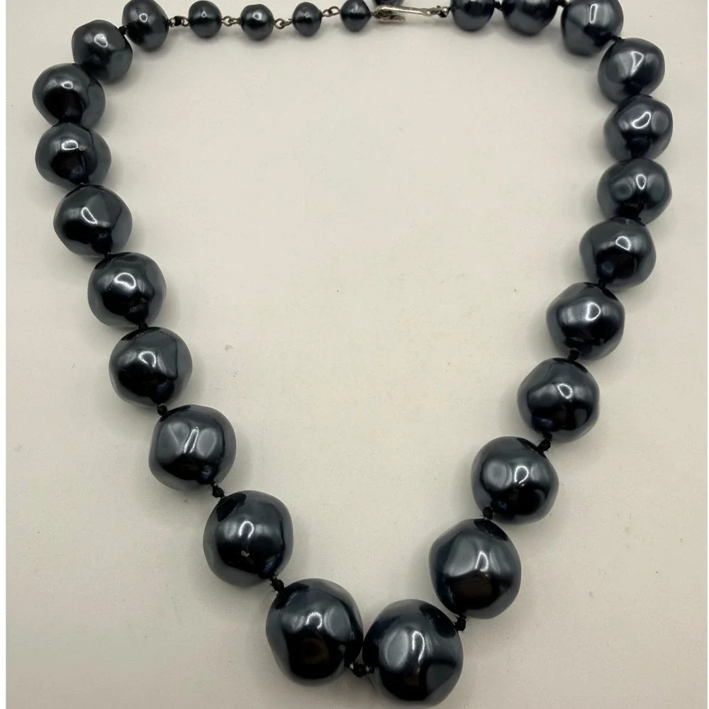 Marvella Vintage Knotted Baroque Faux Pearl Necklace Midnight Blue Graduated 16